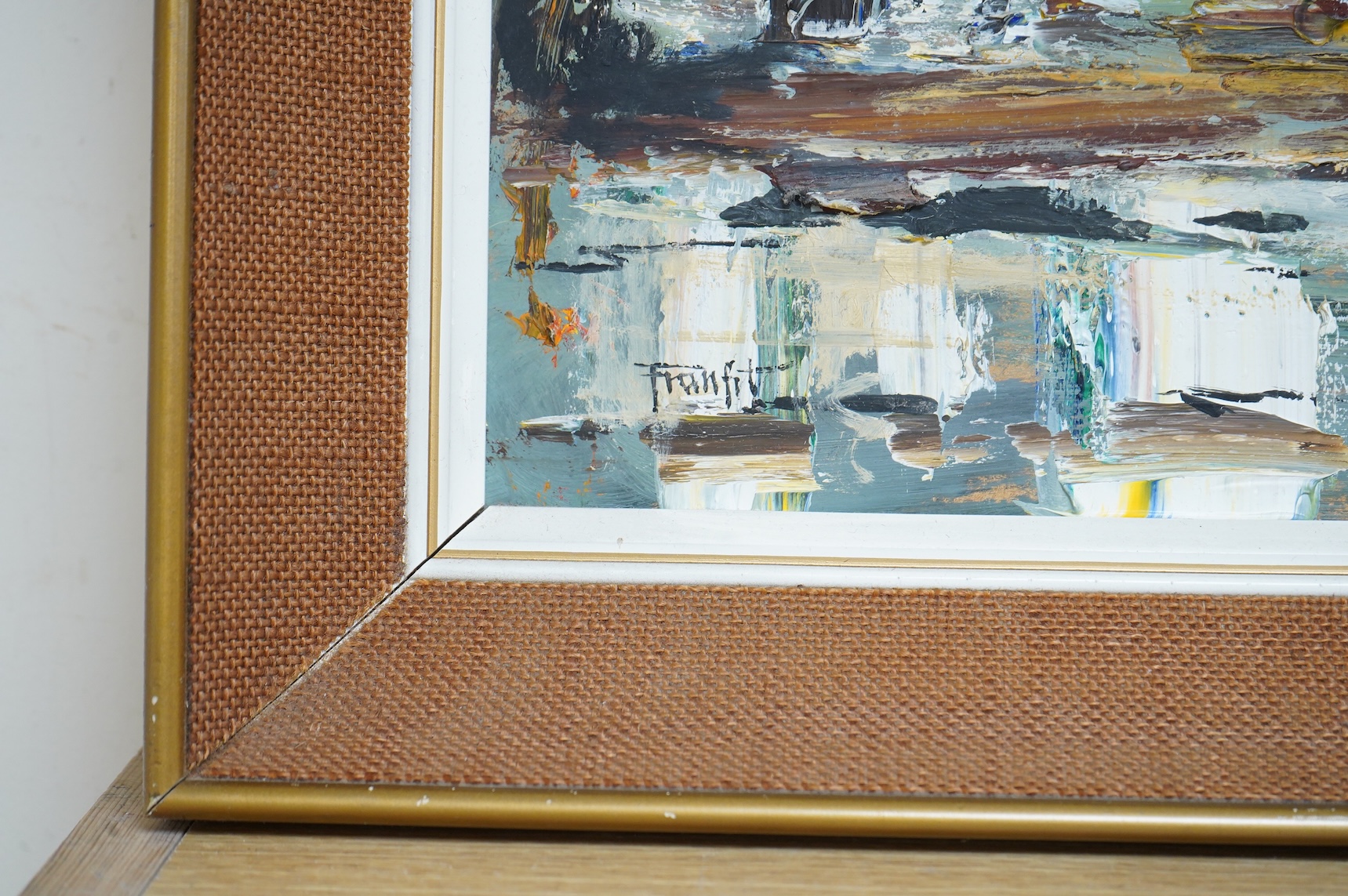Frank Fitzsimons (Irish, 20th. C) Abstract landscape, signed, impasto oil on board, 37 x 75cm